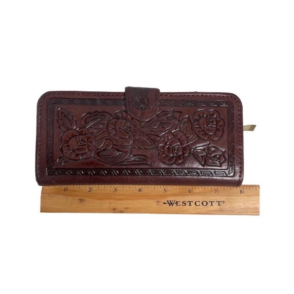 Vtg. Genuine Leather Tooled Flower Brown Multi Card Change Mirror Bi-Fold Wallet - Picture 3 of 9